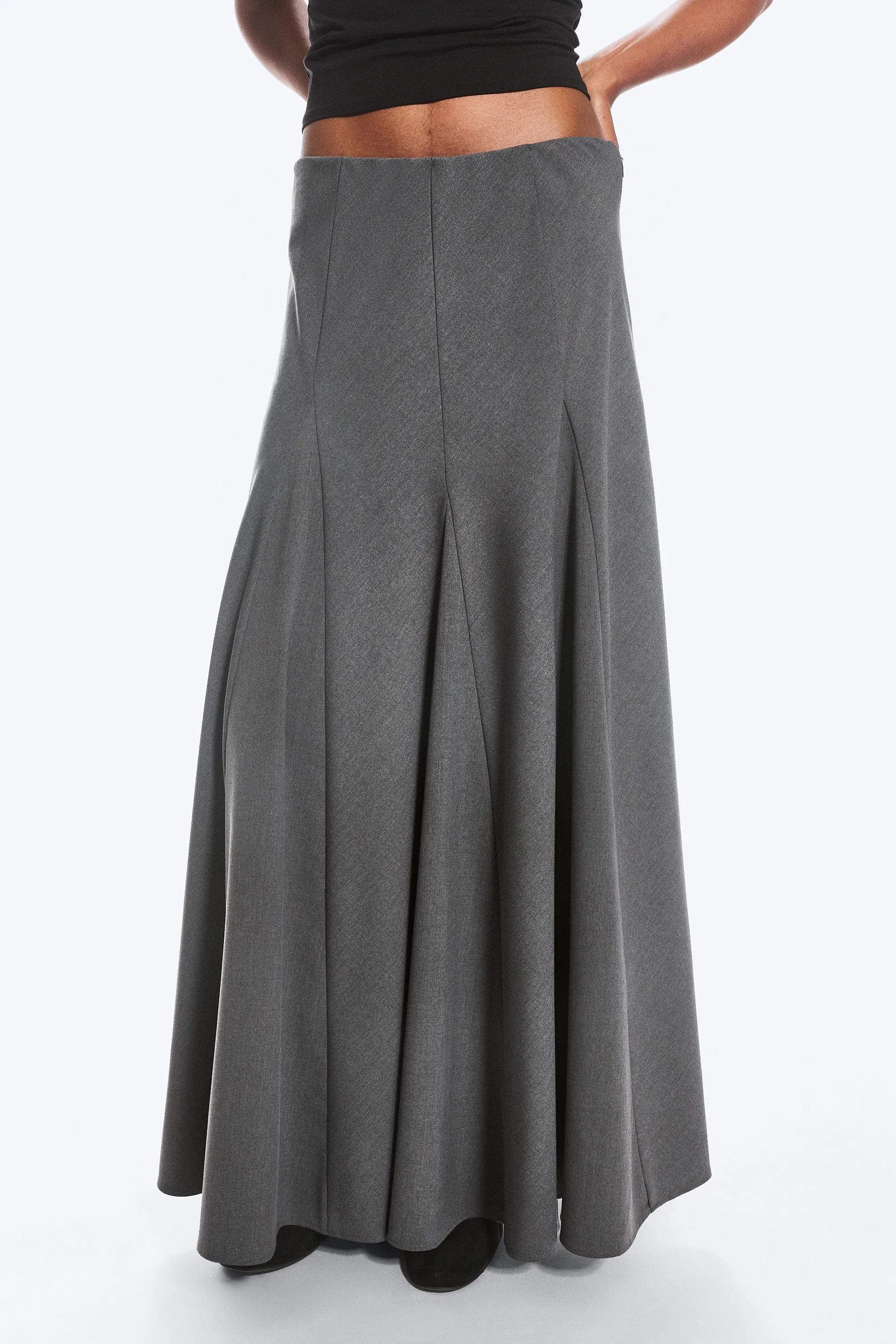 Jupe longue taille mi-haute à panneaux - Gris foncé chiné