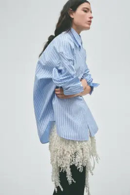 Chemise en popeline à effet superposé - Bleu clair/rayé — photo 3