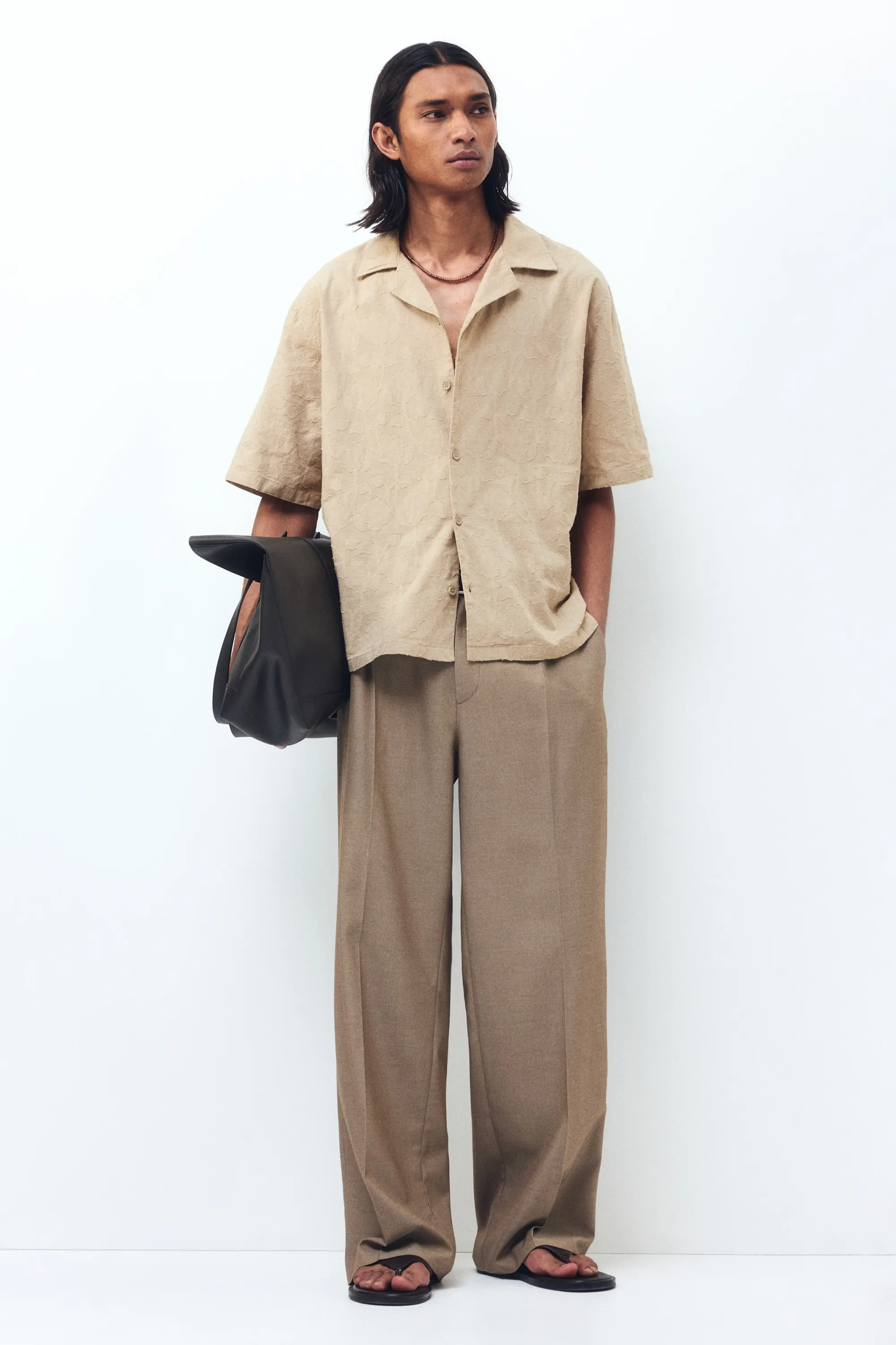 Chemise texturée Relaxed Fit avec col cubain - Beige foncé