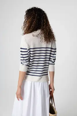 Polo Rayé Bleu Manches Trois quarts en Lin — photo 4