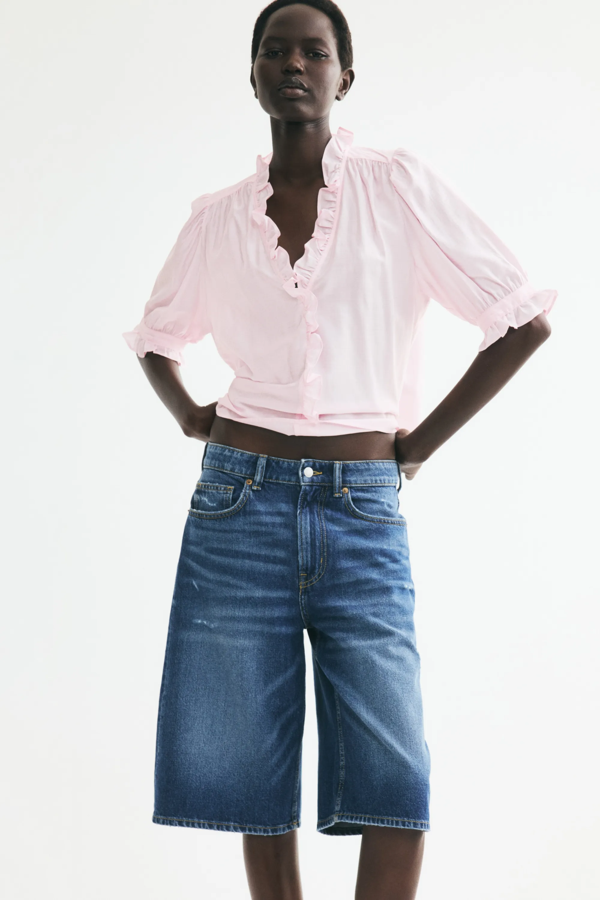 Blouse volantée à manches bouffantes - Rose clair