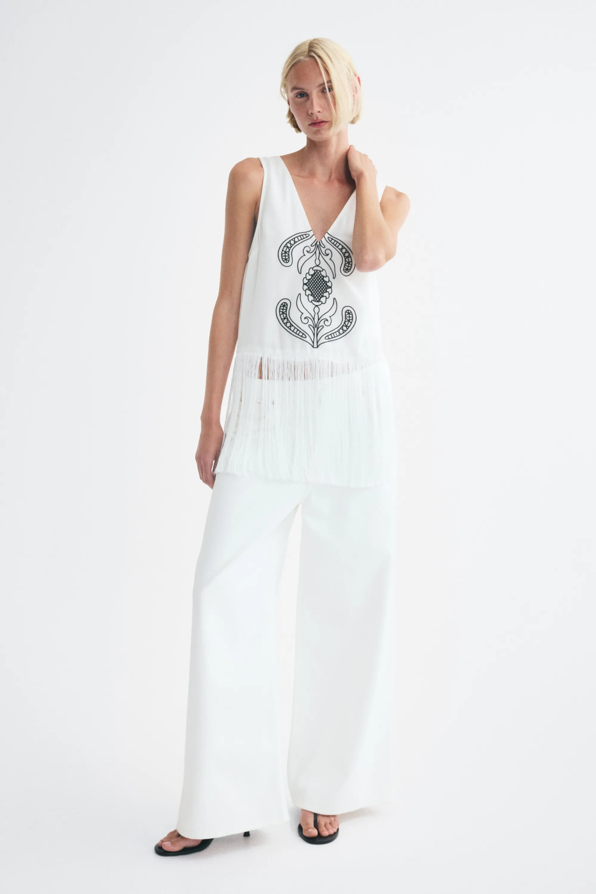 Top frangé avec motif - Crème
