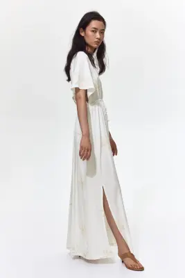 Embroidered drawstring dress - Crème/motif — photo 3
