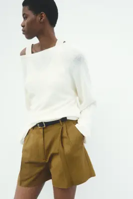 Short chic en lin mélangé - Olive doré foncé — photo 1