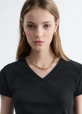 T-shirt col en V en coton - Noir — photo 3