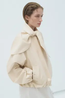 Veste en lin mélangé avec col foulard - Crème — photo 3