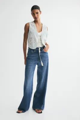 Gilet sans manches en lin mélangé - Bleu ancien clair/crème — photo 2