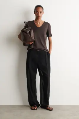 T-SHIRT COL EN U EN COTON LÉGER - BRUN — photo 1