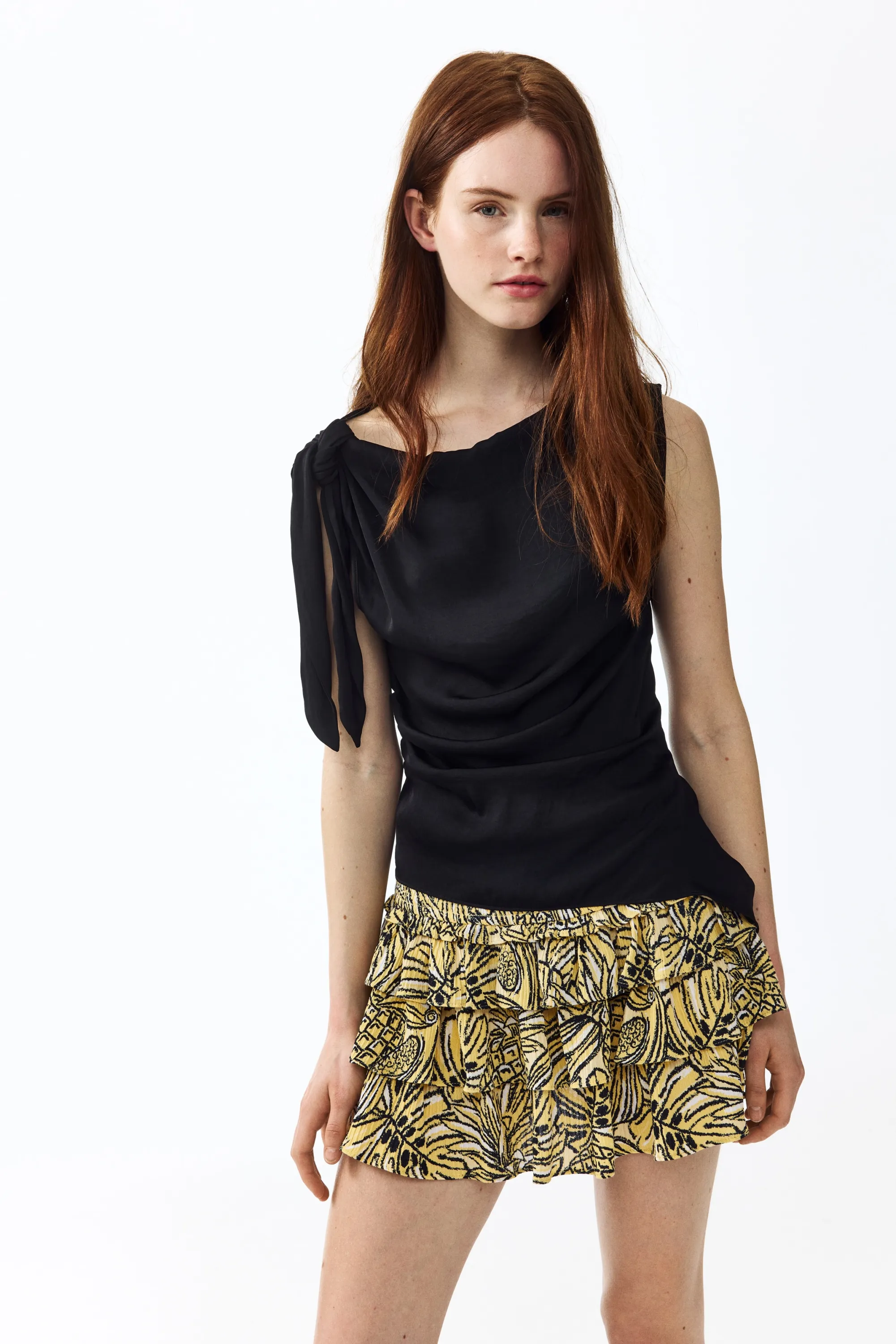 Mini jupe-short à étages en viscose - Beige/noir