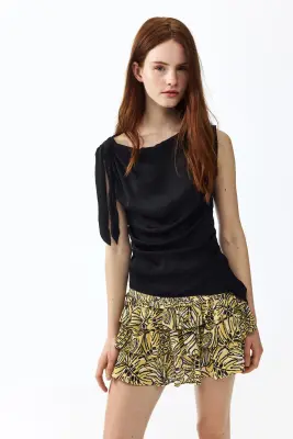 Mini jupe-short à étages en viscose - Beige/noir — photo 1