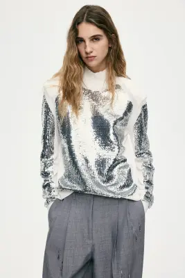 Top à sequins avec épaulettes - Crème/argenté — photo 3