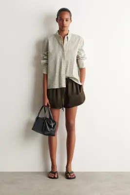 CHEMISE À CARREAUX ET BORDURE FRANGÉE EN LIN-COTON - BEIGE / CARREAUX — photo 1