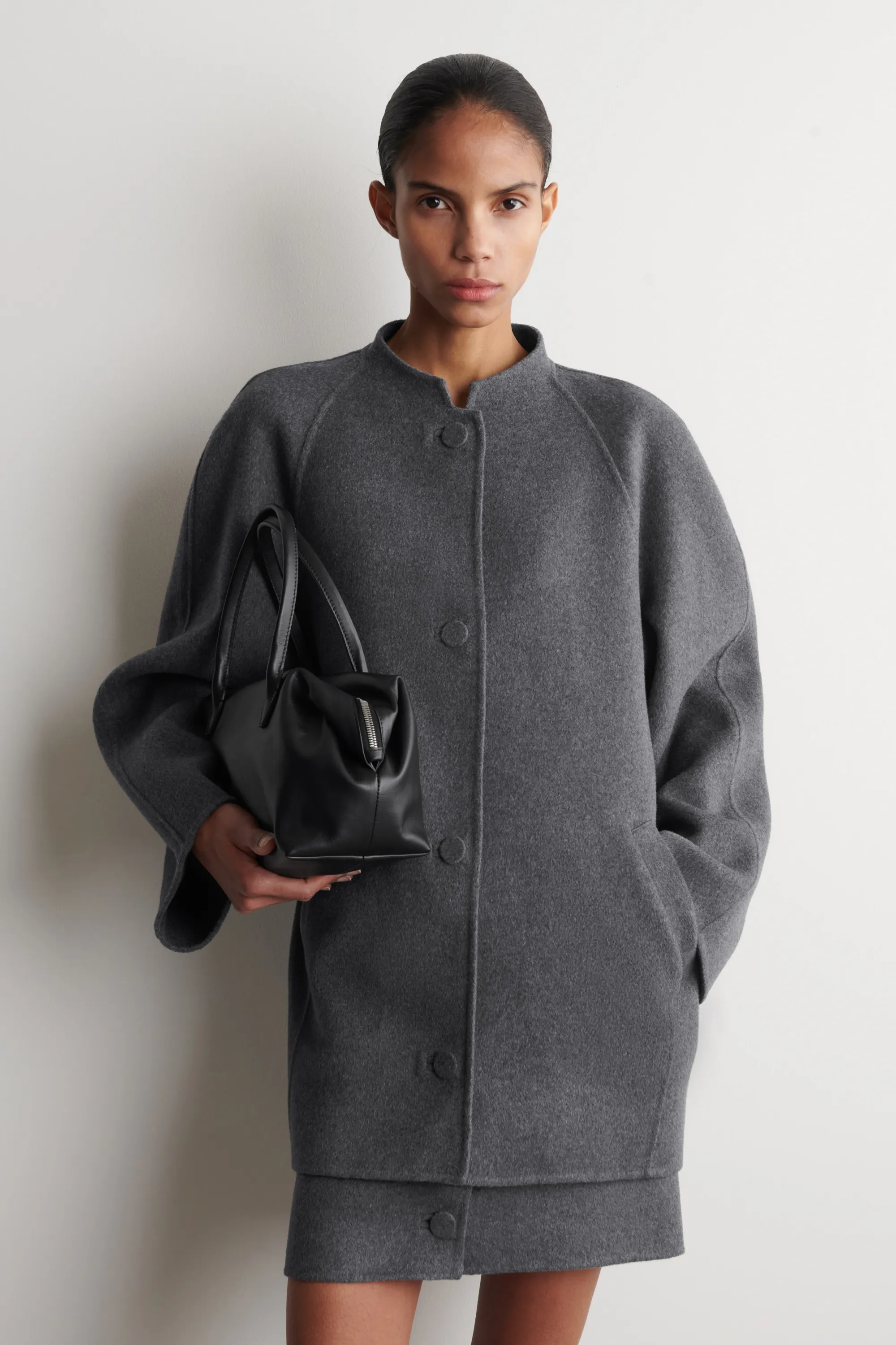 VESTE À SILHOUETTE ARRONDIE EN LAINE DOUBLE FACE - GRIS CHINÉ