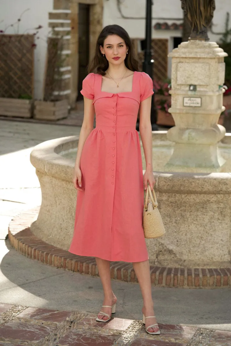 Estelle Button Down Linen Dress - Peach pink