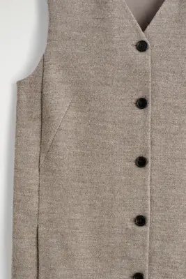 ROBE DROITE COURTE ET BOUTONNÉE EN LAINE MÉRINOS - BEIGE CHINÉ — photo 4
