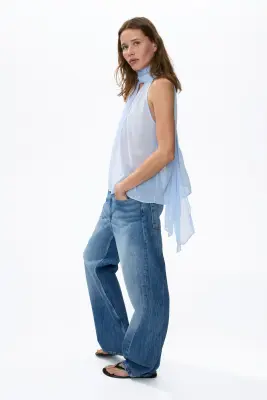 Top en mousseline avec col écharpe - Bleu ancien clair/pois — photo 2