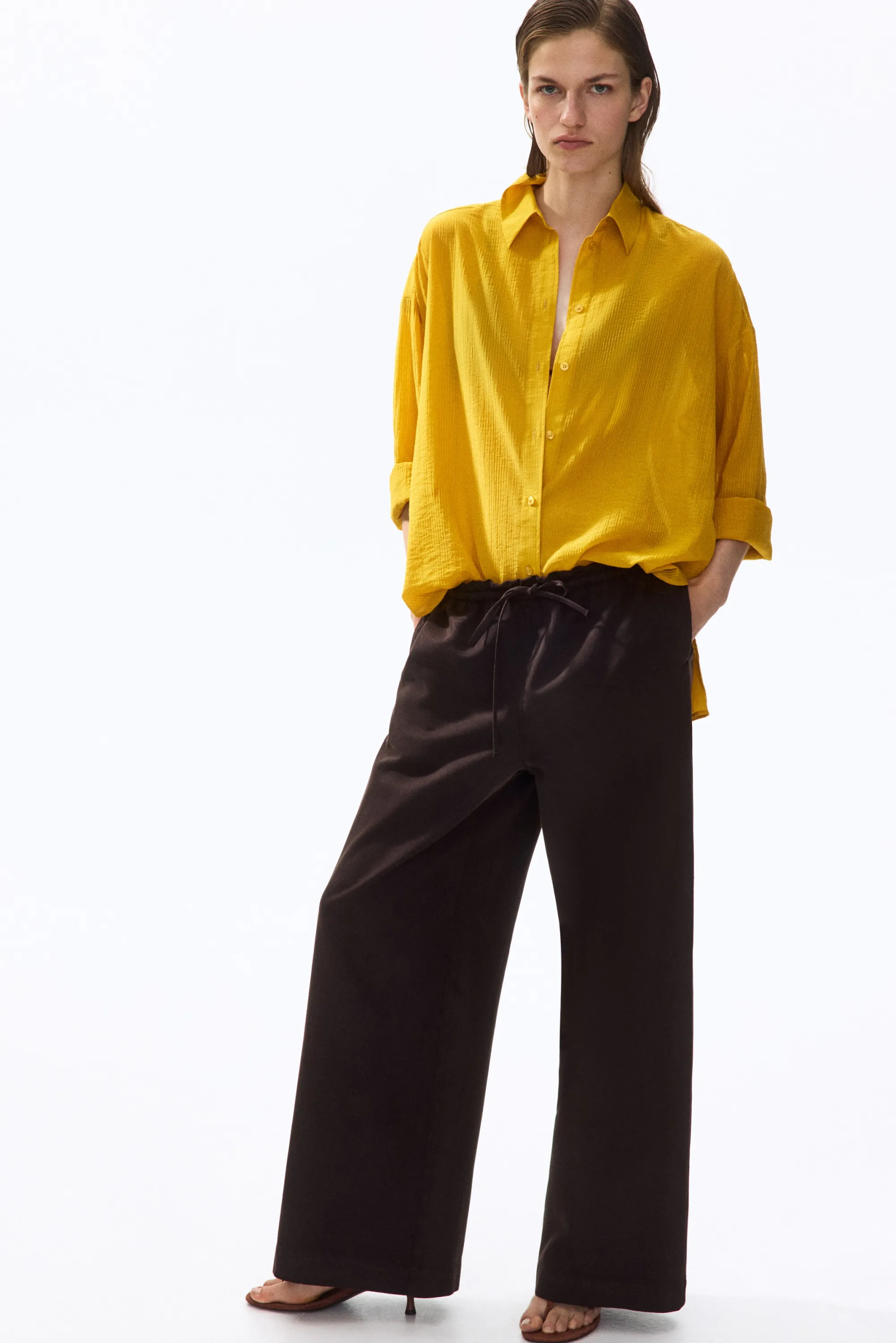 Pantalon paper bag à jambes larges - Marron foncé