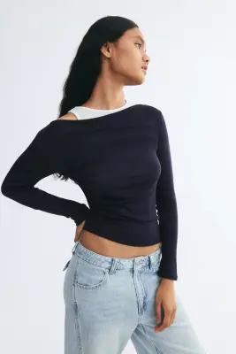 Top superposé en jersey - Bleu marine/blanc — photo 2