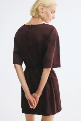 Robe en tissu gratté avec ceinture - Violet foncé — photo 3