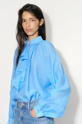 Blouse volantée en lyocell mélangé - Bleu vif — photo 3