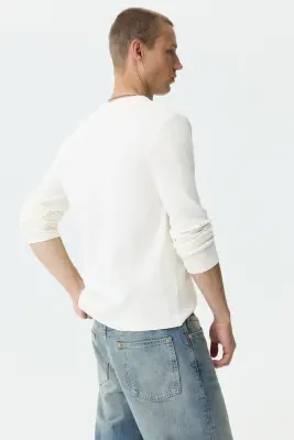 Chemise côtelée à col tunisien Slim Fit - Crème — photo 3