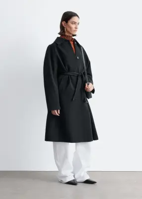 Trench-coat en laine avec ceinture à nouer - Noir — photo 4