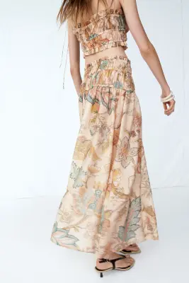 Jupe évasée avec détail smocké - Beige/fleuri — photo 3