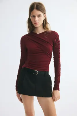 Top en jersey à effet drapé - Rouge foncé — photo 1