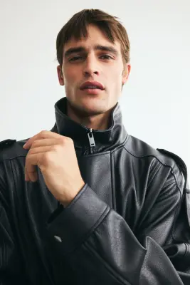 Veste de style motard en tissu enduit - Noir — photo 1