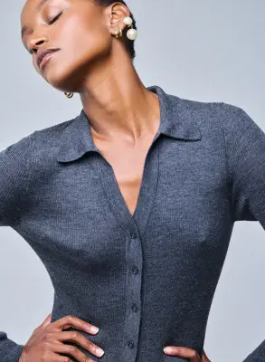 Pull Gris Chemise Manches Longues en Laine merinos — photo 2
