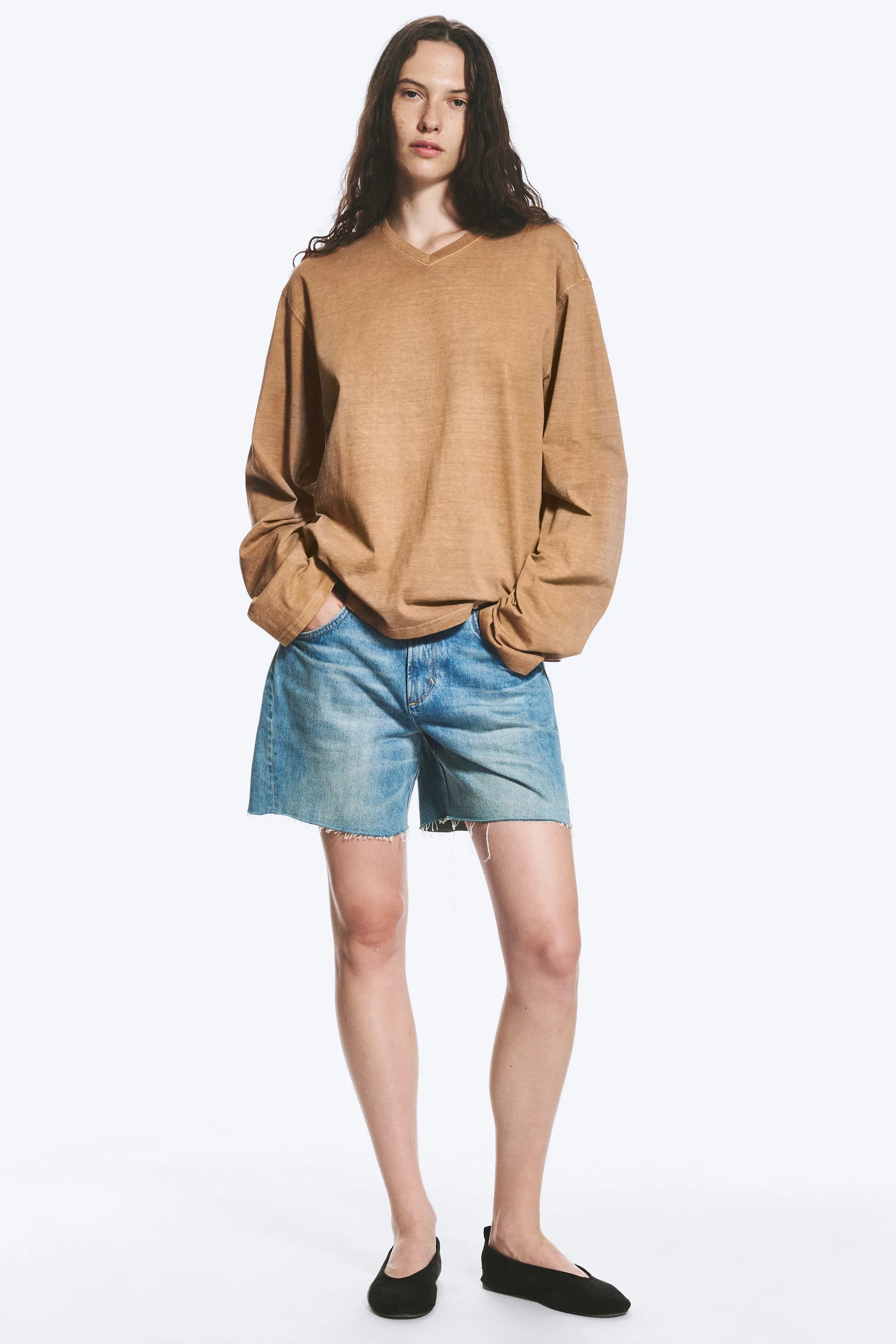 T-shirt carré col V manches longues - Beige délavé