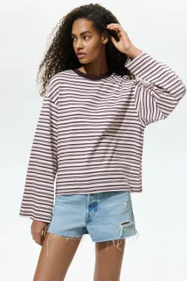 Top à manches longues en coton - Rose clair/rayé — photo 2