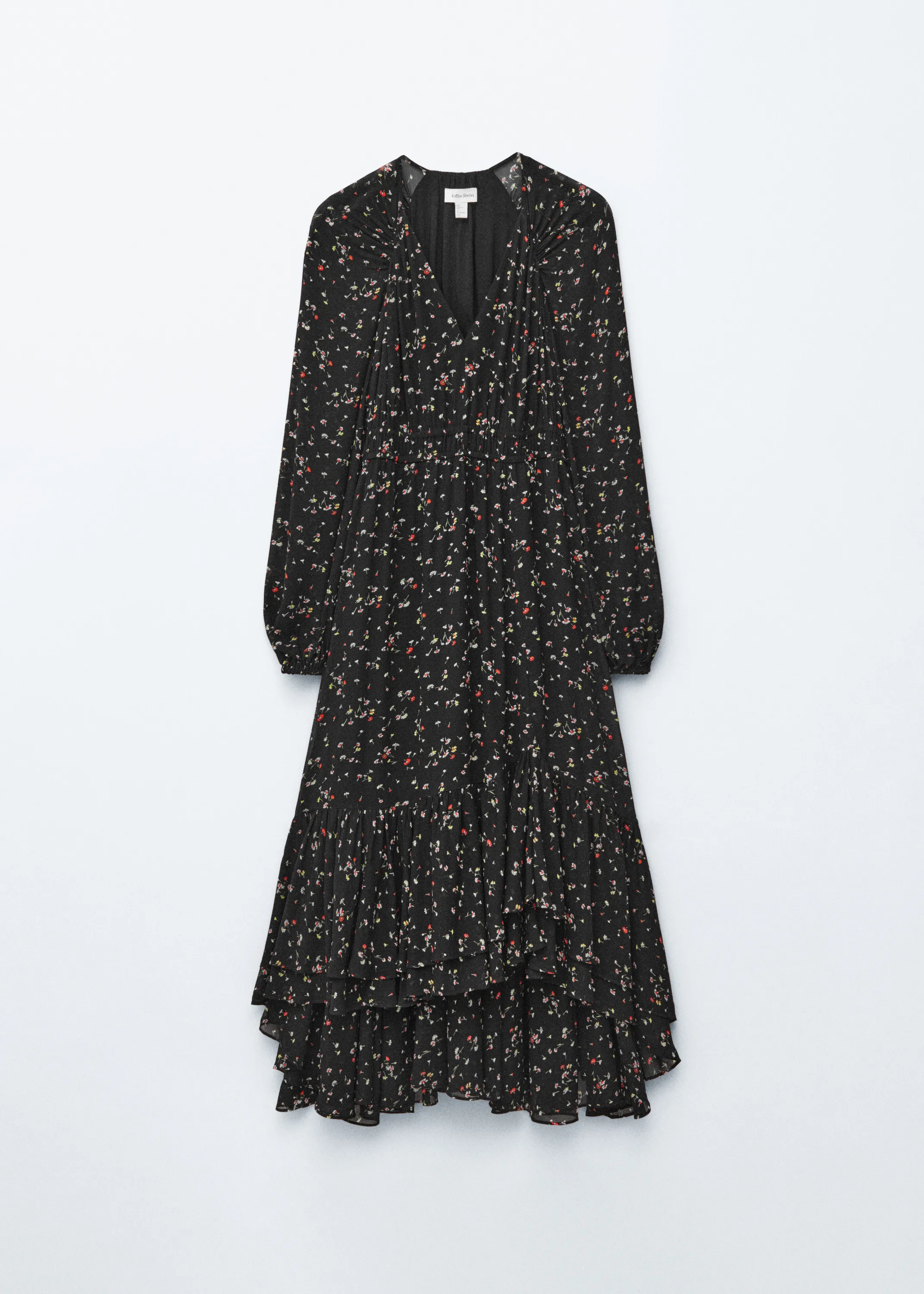Robe longue volantée à manches longues - Noir à motif fleuri
