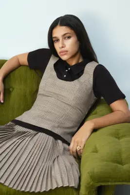 Top sans manches en twill - Beige clair/carreaux — photo 2