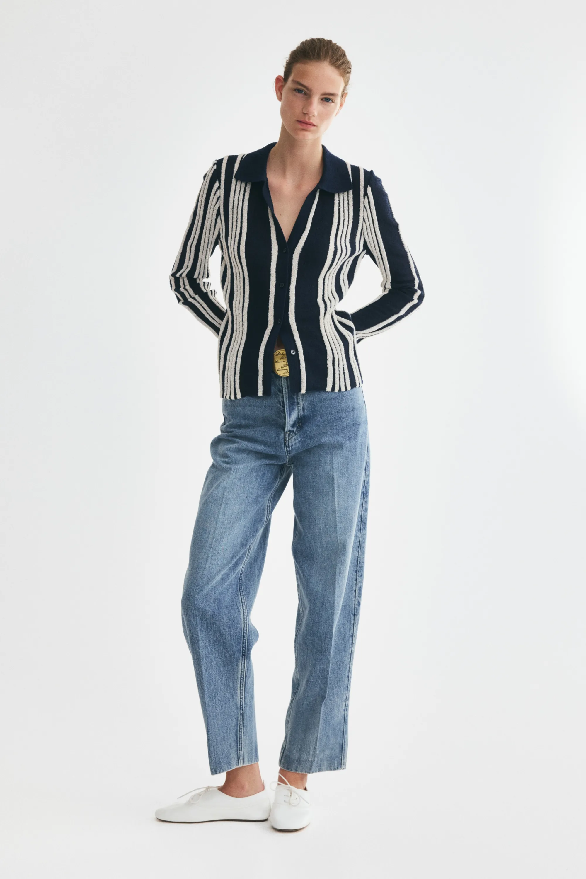 Gilet en maille côtelée avec col - Bleu marine/rayé