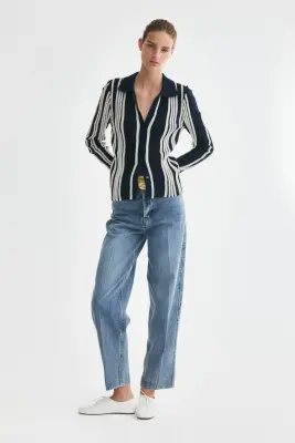 Gilet en maille côtelée avec col - Bleu marine/rayé — photo 1