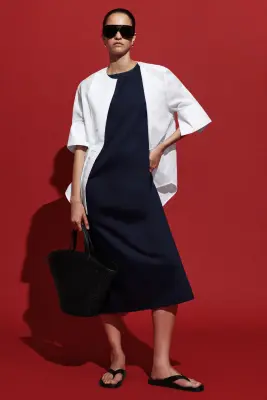 FOLDED-SHOULDER COTTON-JERSEY MIDI DRESS - BLEU MARINE — photo 4