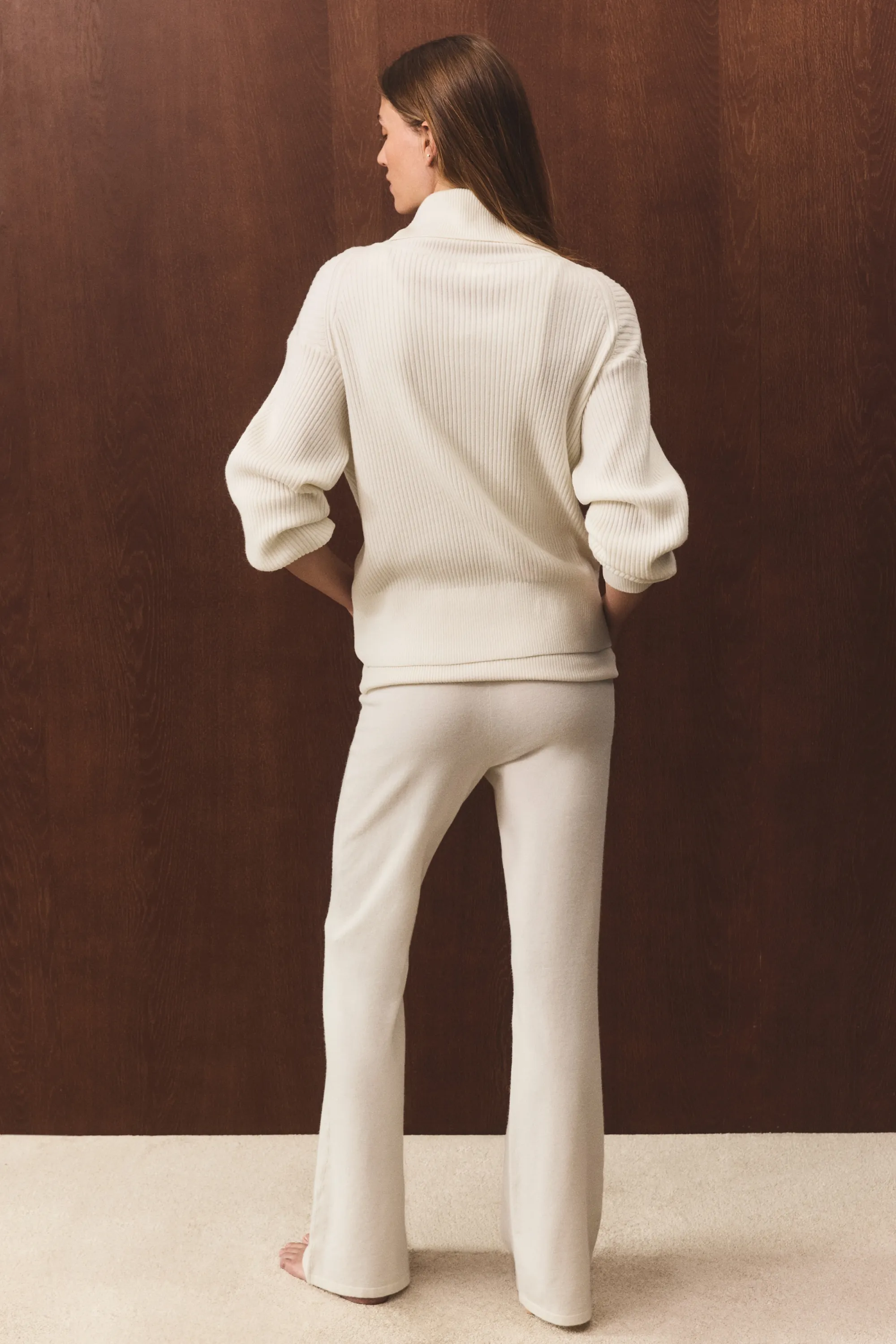 Pantalon en maille avec ceinture repliée - Crème
