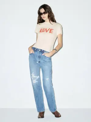 Nouveau ! RE/DONE T-shirt Classic Tee Love And Peace Pink Salt — photo 2