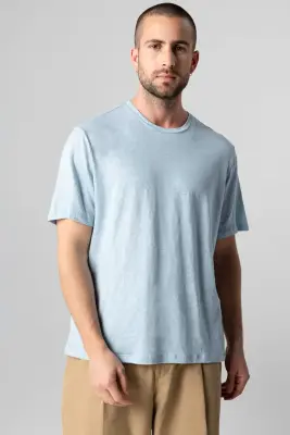 T-shirt Bleu Calanques Col Rond Manches Courtes en Lin / Elasthanne — photo 2