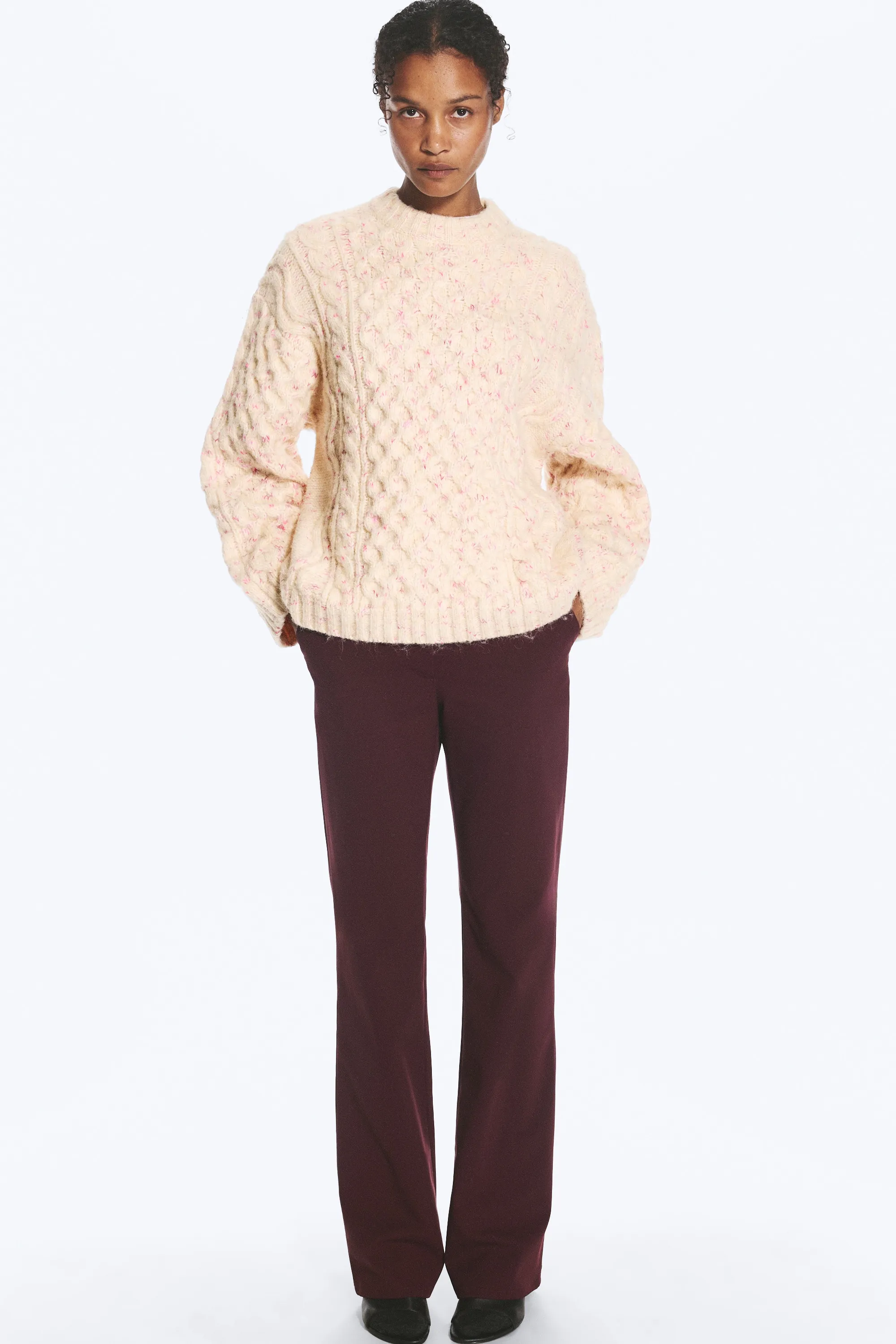 Pull texturé en maille torsadée longue - Beige - Rose chiné