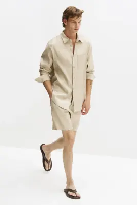 Short Easy-care Relaxed Fit en lin mélangé - Beige — photo 3