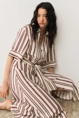 Tie-belt dress - Beige clair/rayé — photo 2