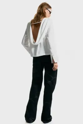 Blouse à dos bénitier avec perles fantaisie - Blanc — photo 2