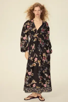 Robe imprimée avec détail à nouer - Noir/fleuri — photo 1