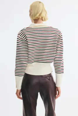 Polo à épaulettes en maille fine - Crème/rayé — photo 4
