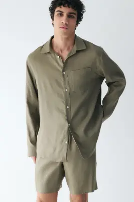 Chemise Easy-care Regular Fit en lin mélangé - Vert kaki — photo 5