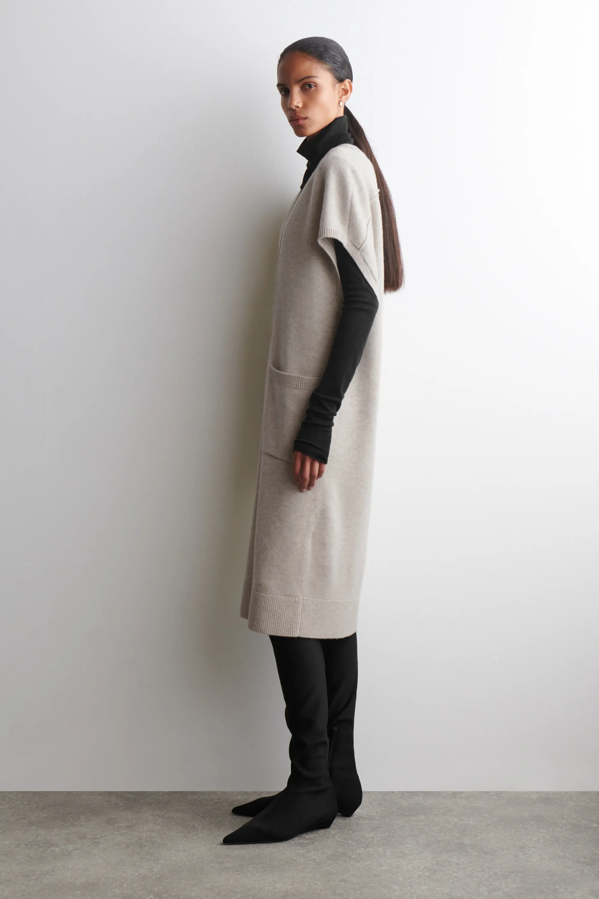 CARDIGAN LONG À COL ROND EN LAINE - BEIGE CHINÉ