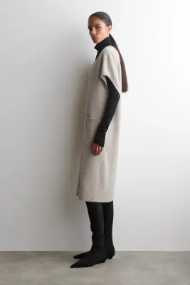 CARDIGAN LONG À COL ROND EN LAINE - BEIGE CHINÉ — photo 1