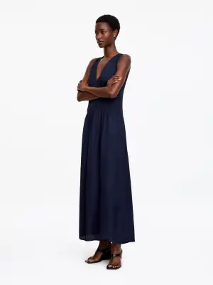 Robe longue avec empiècements en organza - Bleu foncé — photo 3